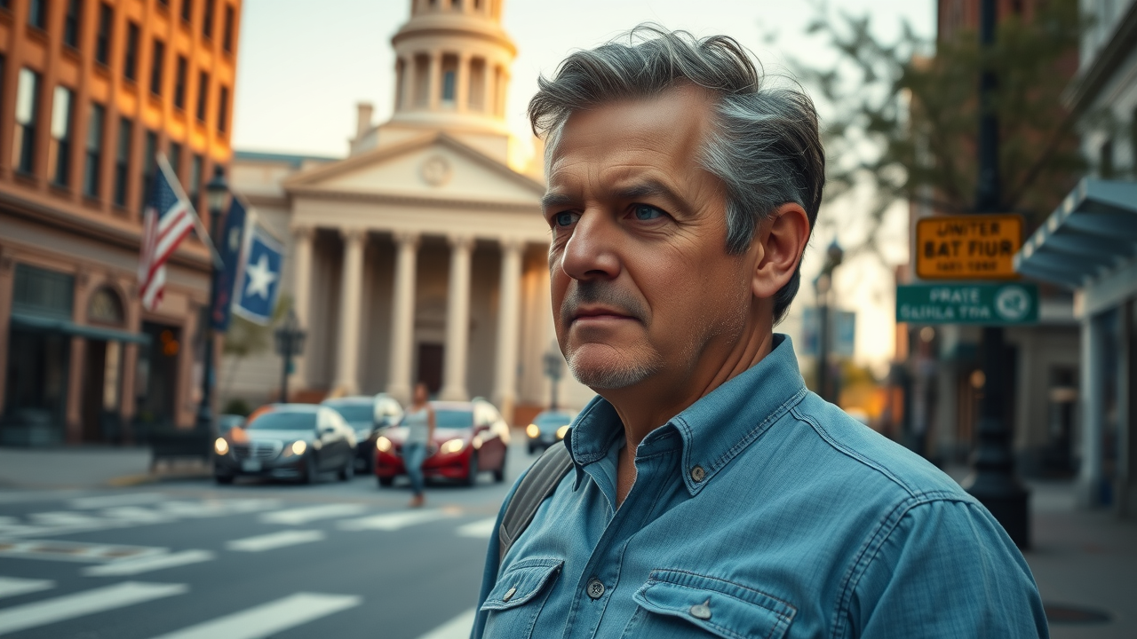 Confident man walking in Nashville downtown, observing Tennessee concealed carry laws