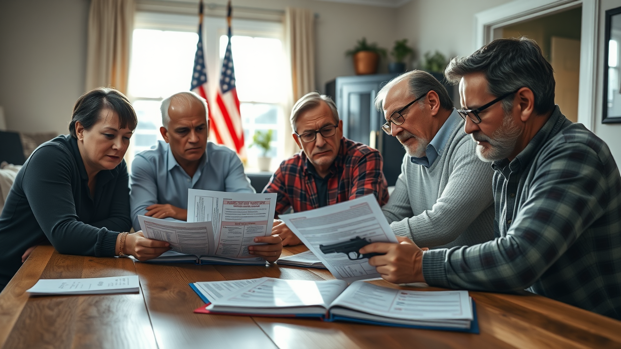 Group learning Tennessee concealed carry laws at home, paperwork and booklets visible