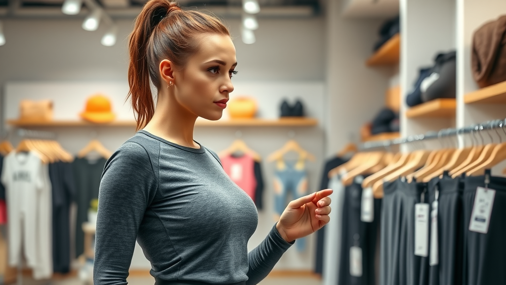Thoughtful athletic woman reviewing concealed carry leggings options in retail store
