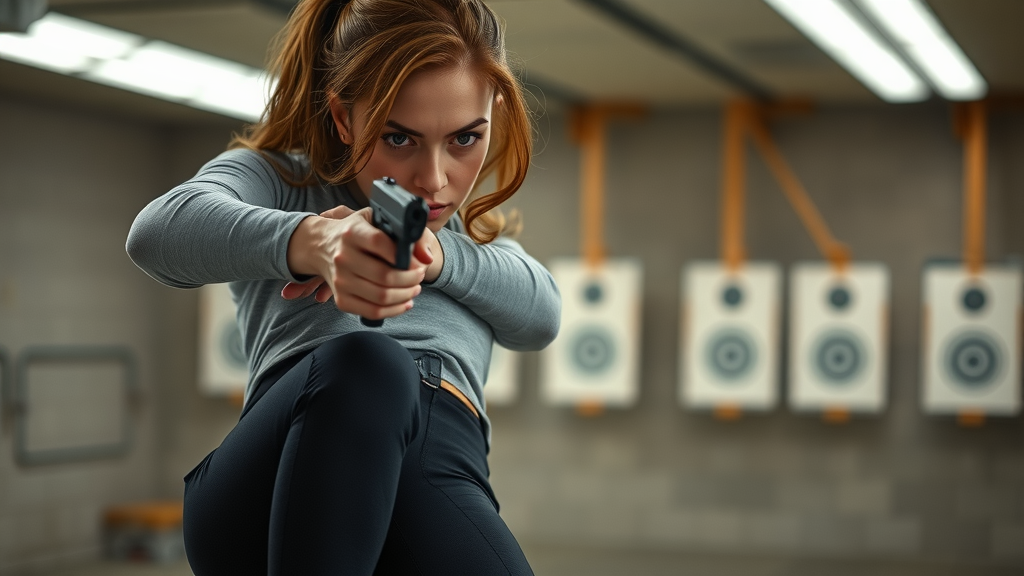 Focused woman demonstrating safe firearm draw from concealed carry leggings at shooting range