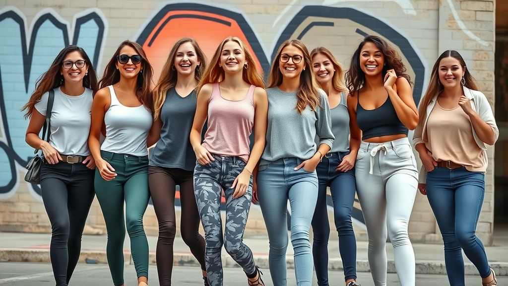 Modern stylish women modeling assorted concealed carry leggings on city street
